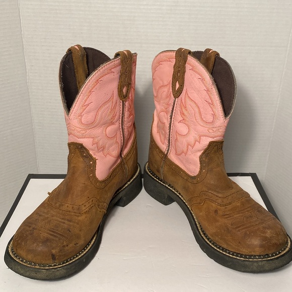 Justin Gypsy Boot Pink Brown Leather Women Western Cowboy Round Toe 9.5 - Picture 5 of 13